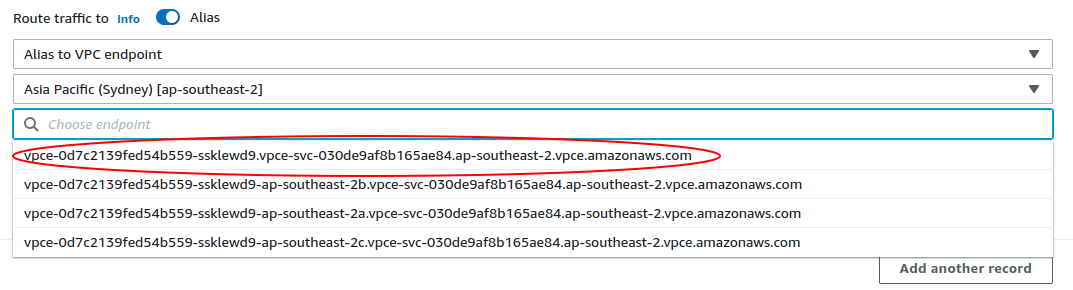 VPC endpoint dropdown list showing the correct endpoint without AZ reference highlighted.