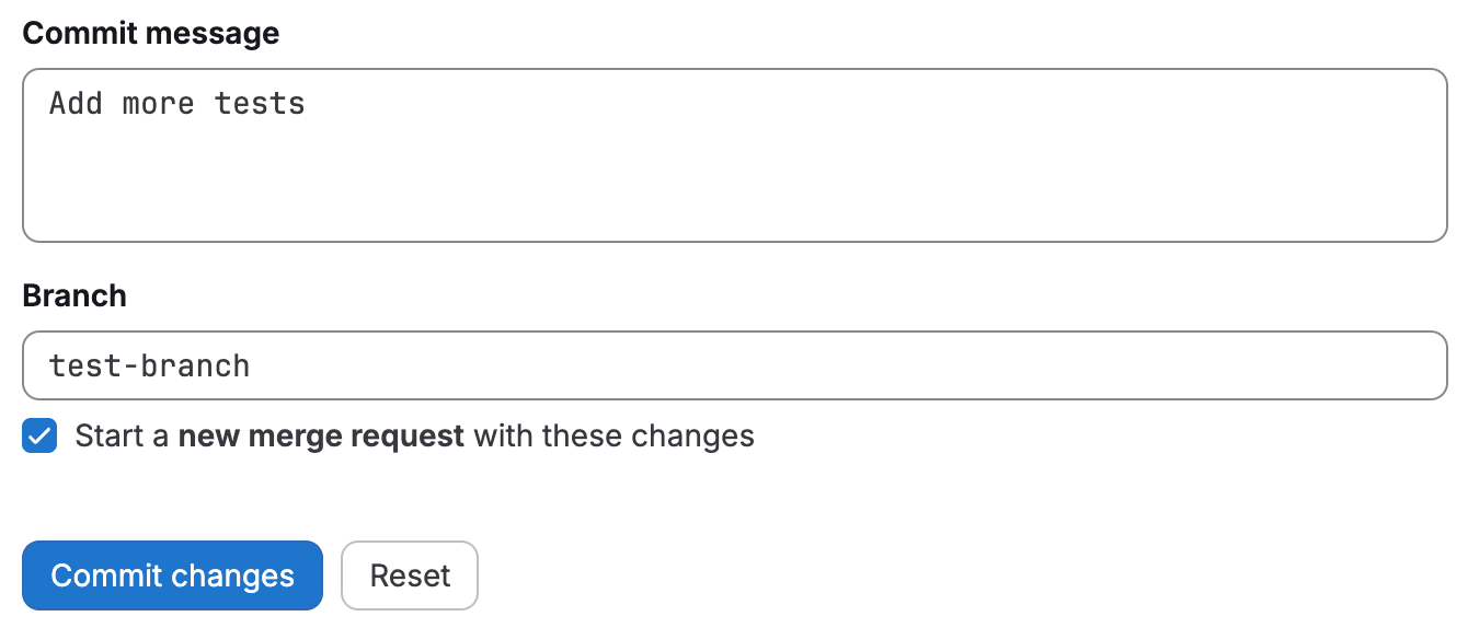 The commit form, showing a commit message, branch, and merge request checkmark.